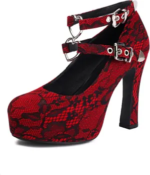 Women's Mary Jane Gothic Close Round Toe Platform Pump High Heels Double Heart Shape Anckle Straps Shoes