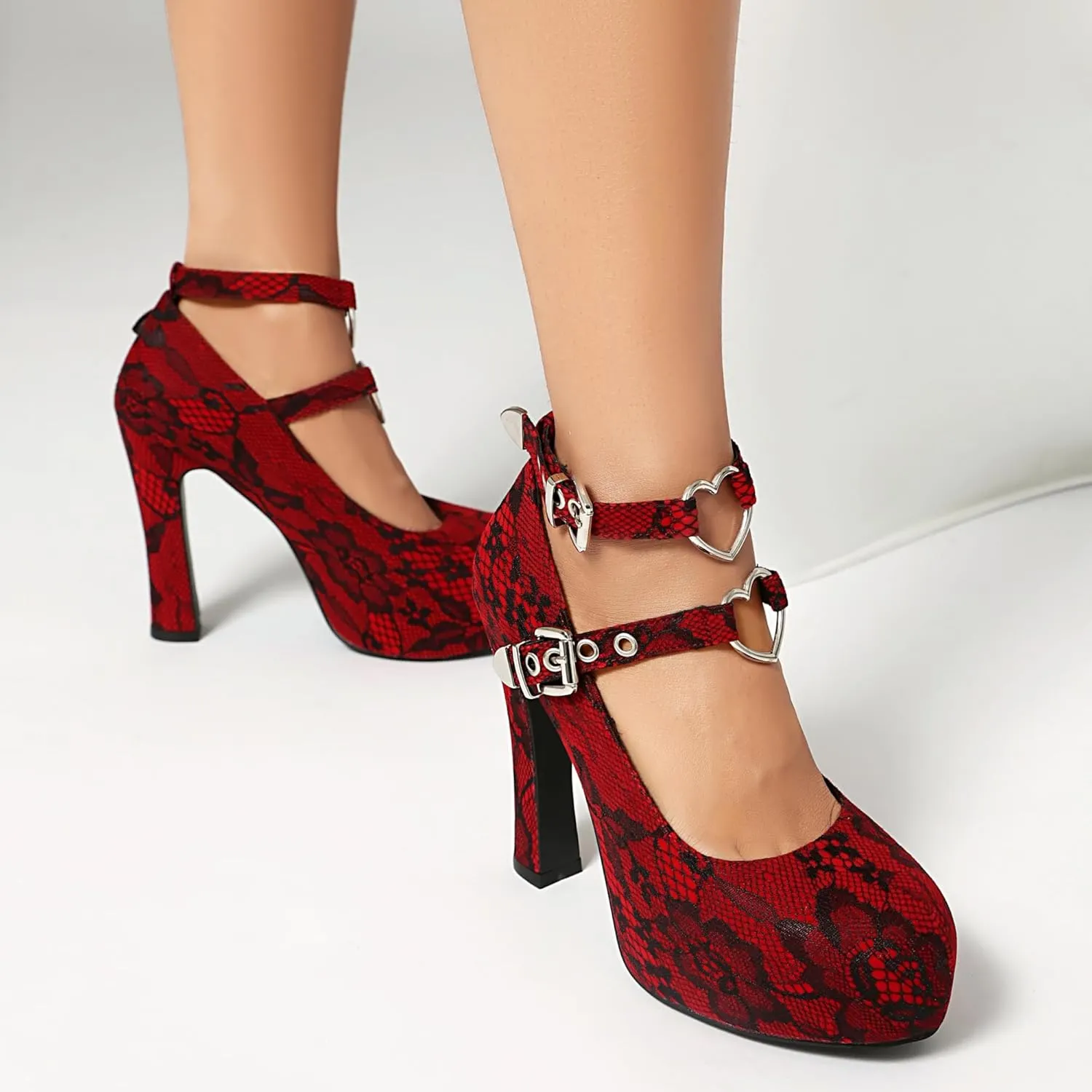 Women's Mary Jane Gothic Close Round Toe Platform Pump High Heels Double Heart Shape Anckle Straps Shoes