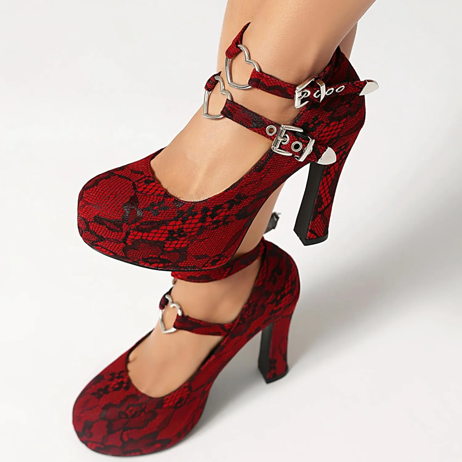 Women's Mary Jane Gothic Close Round Toe Platform Pump High Heels Double Heart Shape Anckle Straps Shoes