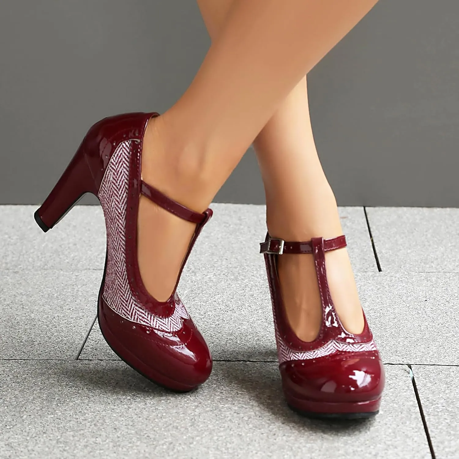 Women's Mary Jane Two Tones 1920s Pump HeelsWingtip Classic and Retro Oxford Pattern Vintage Round Closed Toe 1950s Ankle Strap Dress Shoes