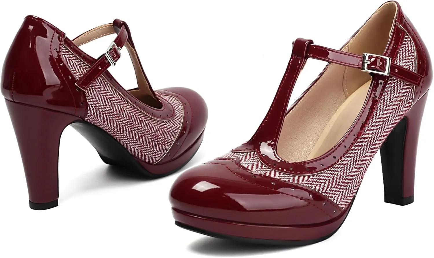 Women's Mary Jane Two Tones 1920s Pump HeelsWingtip Classic and Retro Oxford Pattern Vintage Round Closed Toe 1950s Ankle Strap Dress Shoes