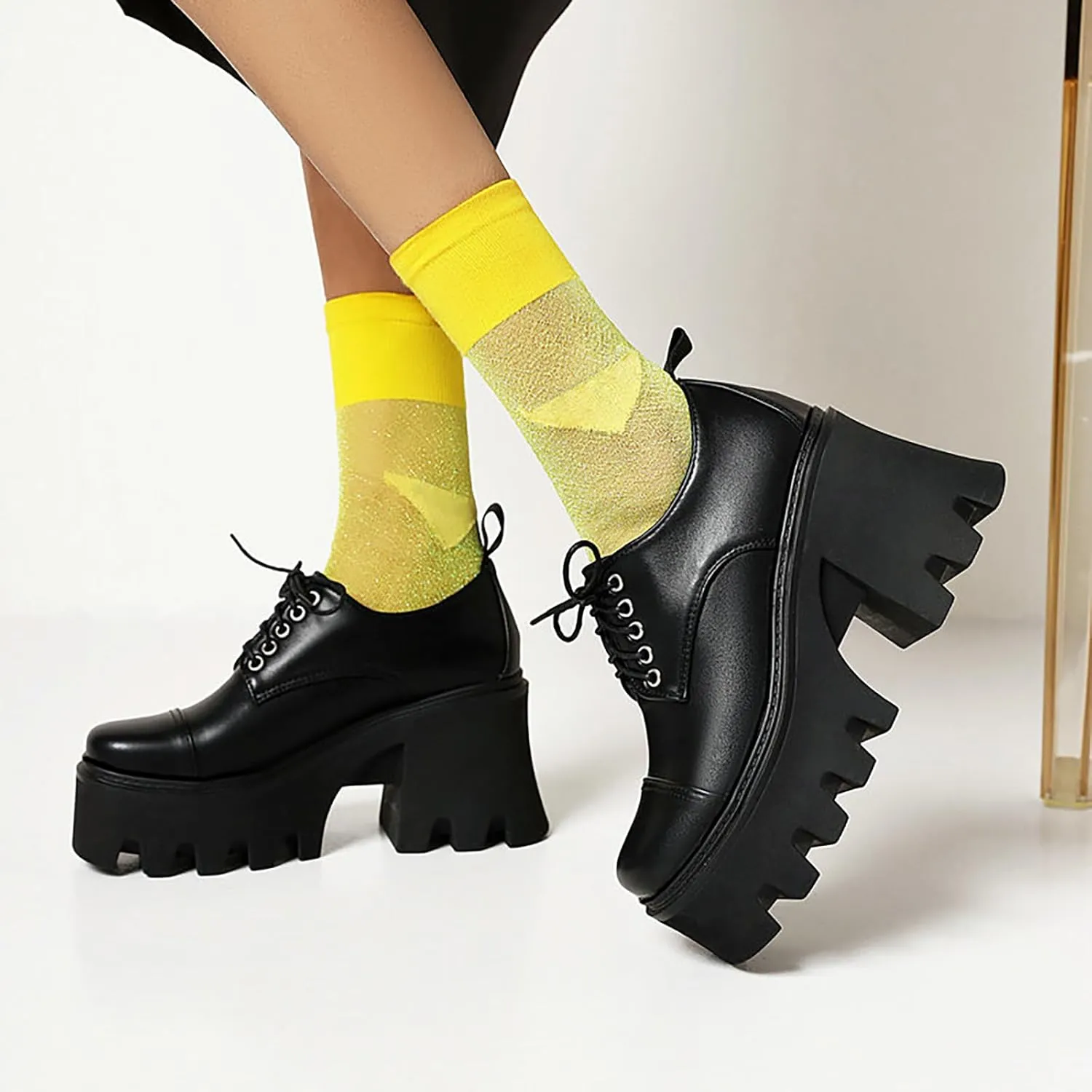 Women's Patent Leather Lug Sole Chunky Heel Oxfords,Fashion Lace Up Height Increase Platform Gothic Oxfords Pumps Business Work Dress Shoes