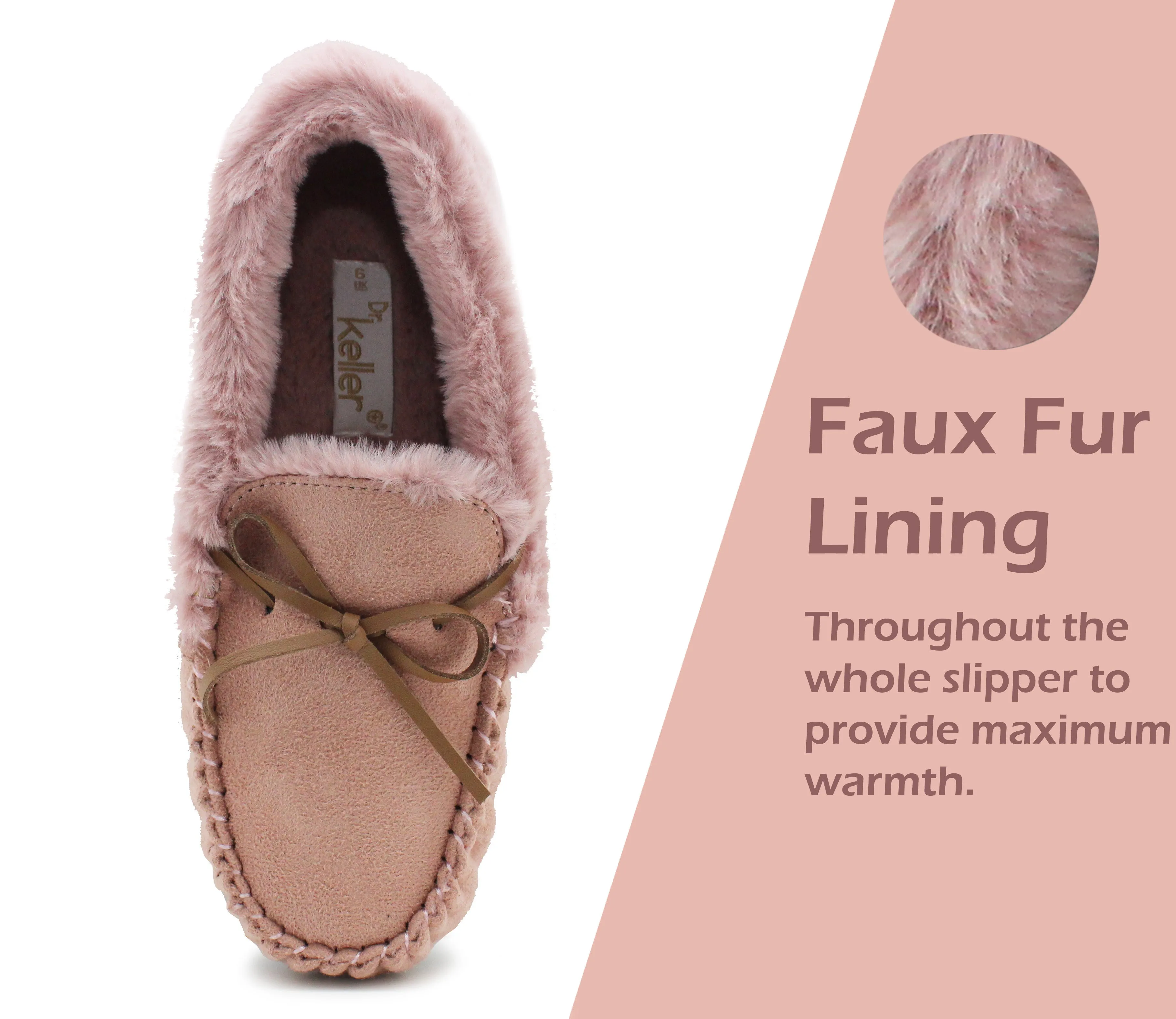 Womens Pink Faux Fur Lined Moccasins Indoor Winter Loafer House Shoes Moc Slippers