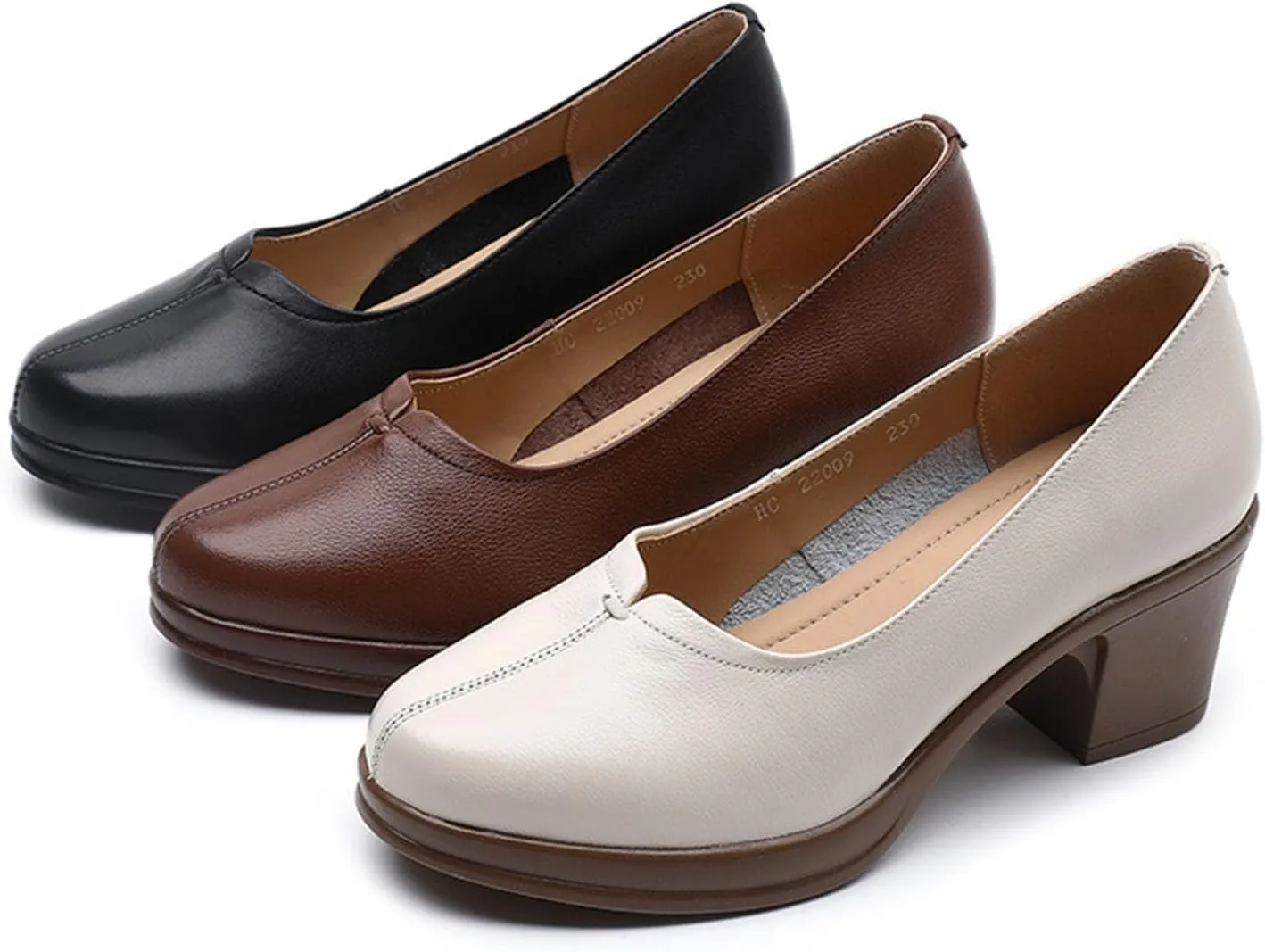 Women's Retro Round Toe Classic Platform Mid Heel High Heels Fashionable and Comfortable Leather Thick Heeled Dress Shoes