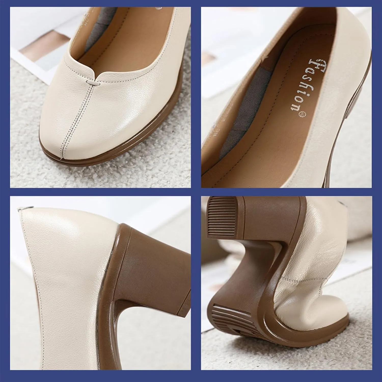 Women's Retro Round Toe Classic Platform Mid Heel High Heels Fashionable and Comfortable Leather Thick Heeled Dress Shoes