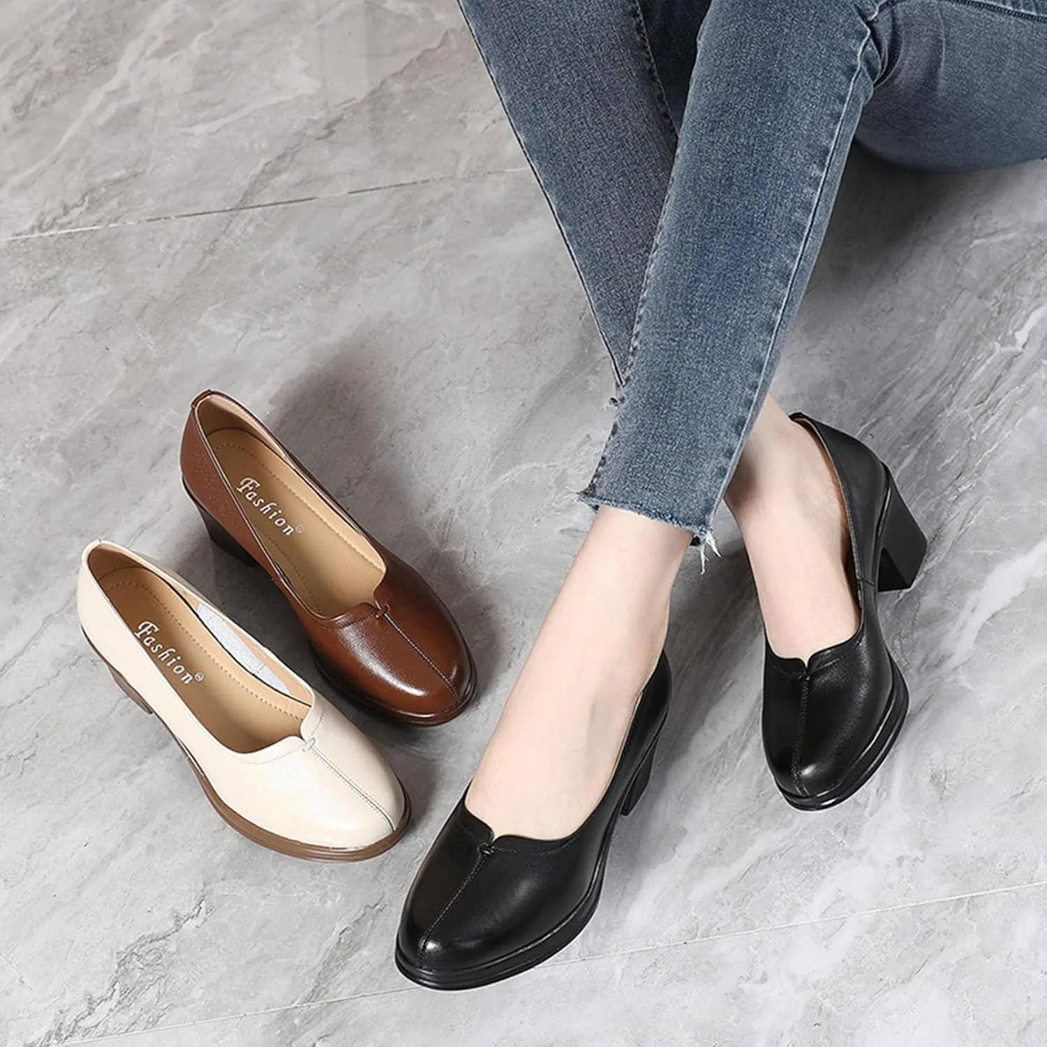 Women's Retro Round Toe Classic Platform Mid Heel High Heels Fashionable and Comfortable Leather Thick Heeled Dress Shoes