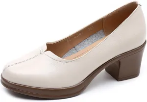 Women's Retro Round Toe Classic Platform Mid Heel High Heels Fashionable and Comfortable Leather Thick Heeled Dress Shoes