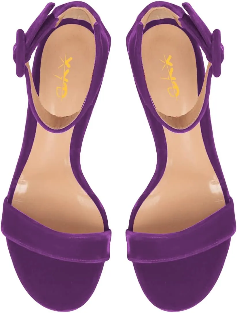XYD Women Girls Velvet Open Toe Strappy Mid Block Heel Sandal Pumps Ankle Strap with Buckle Summer Daily Dress Shoes