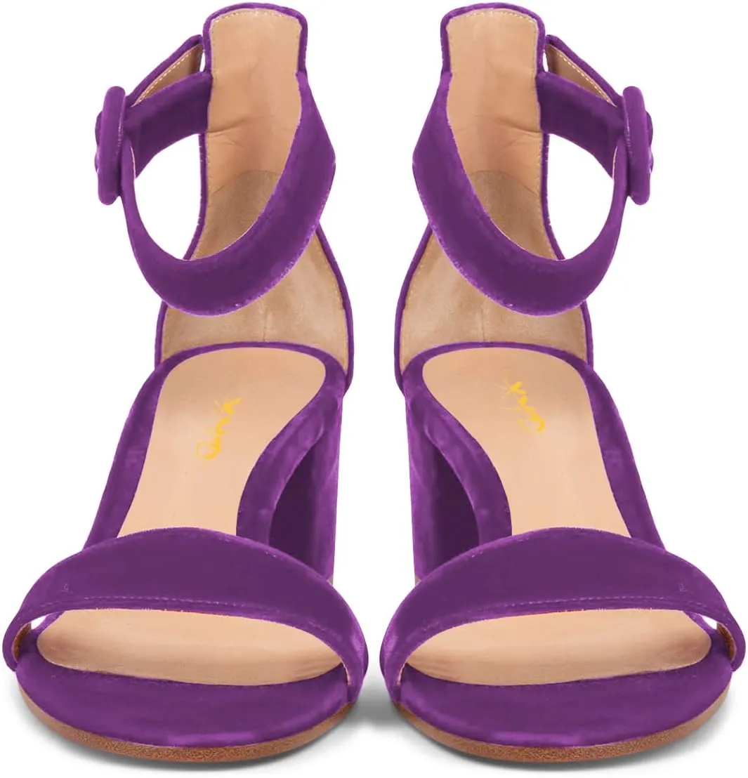 XYD Women Girls Velvet Open Toe Strappy Mid Block Heel Sandal Pumps Ankle Strap with Buckle Summer Daily Dress Shoes