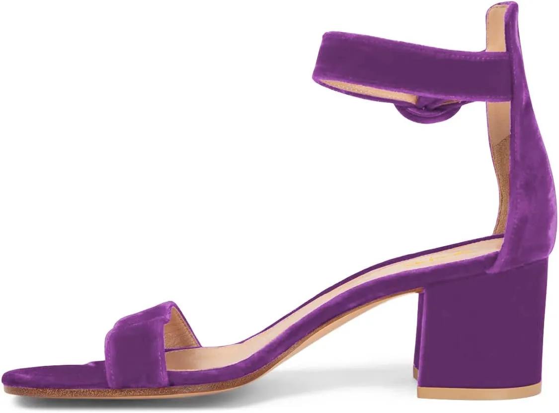XYD Women Girls Velvet Open Toe Strappy Mid Block Heel Sandal Pumps Ankle Strap with Buckle Summer Daily Dress Shoes