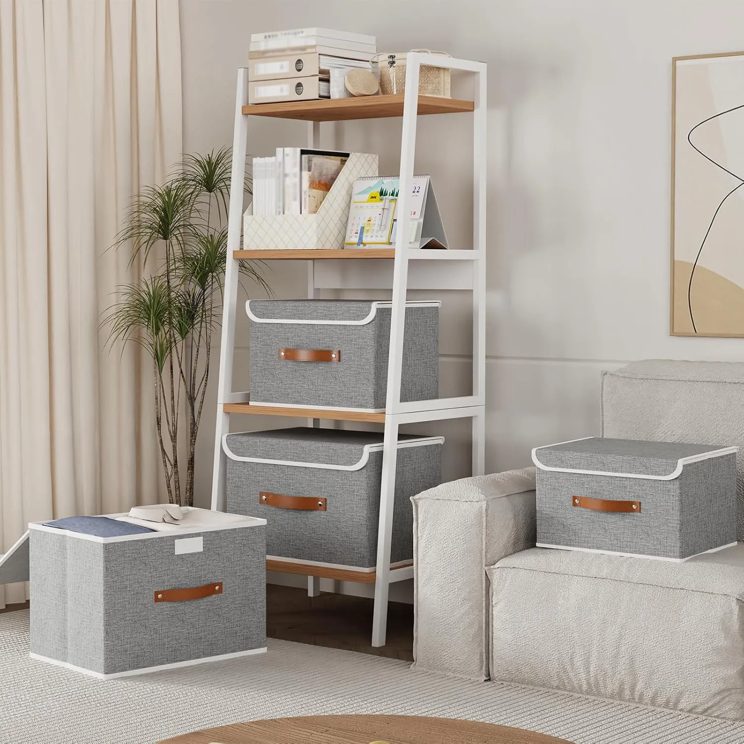 Yawinhe Collapsible Storage Bin, Cube Organizer Basket, Fabric Box with Lids, Washable and Leather Handle, for Home, Closet, Grey, 15.0''Lx9.8''Wx9.8''H, 7-Pack, USNK024GL-7