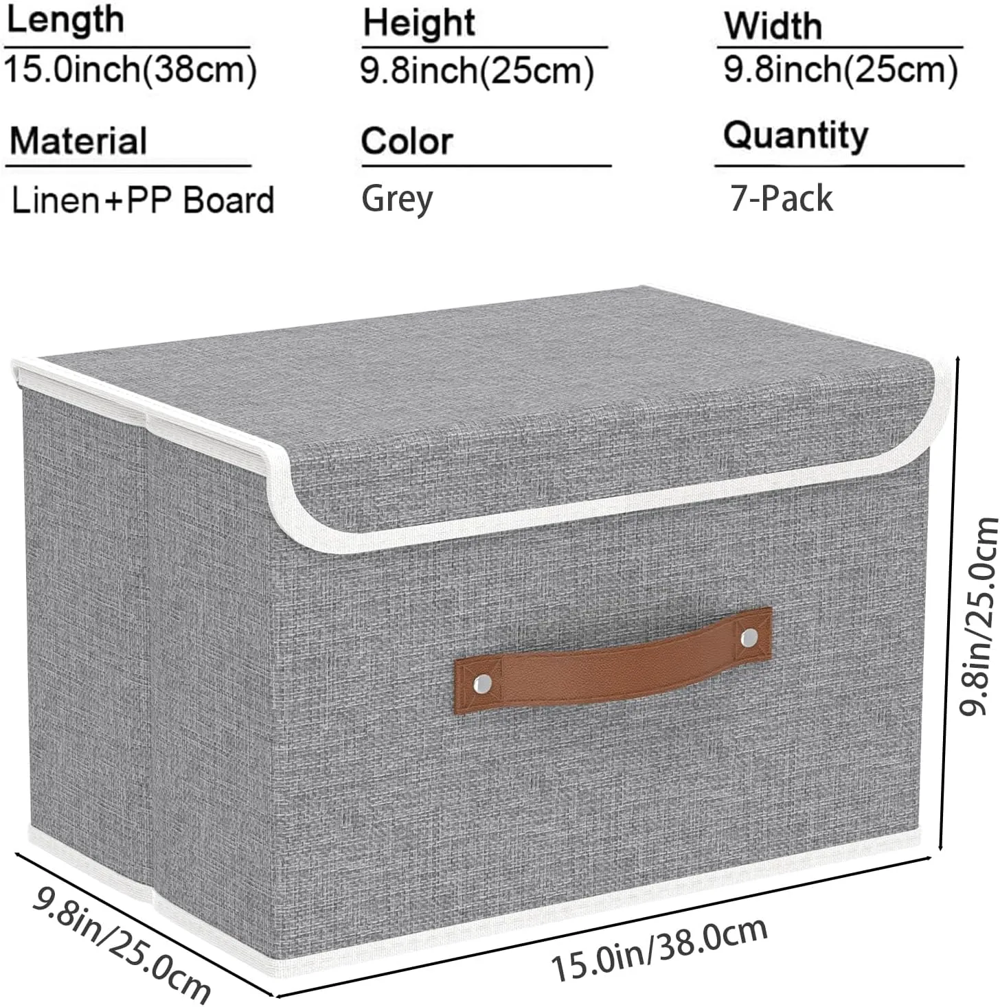 Yawinhe Collapsible Storage Bin, Cube Organizer Basket, Fabric Box with Lids, Washable and Leather Handle, for Home, Closet, Grey, 15.0''Lx9.8''Wx9.8''H, 7-Pack, USNK024GL-7