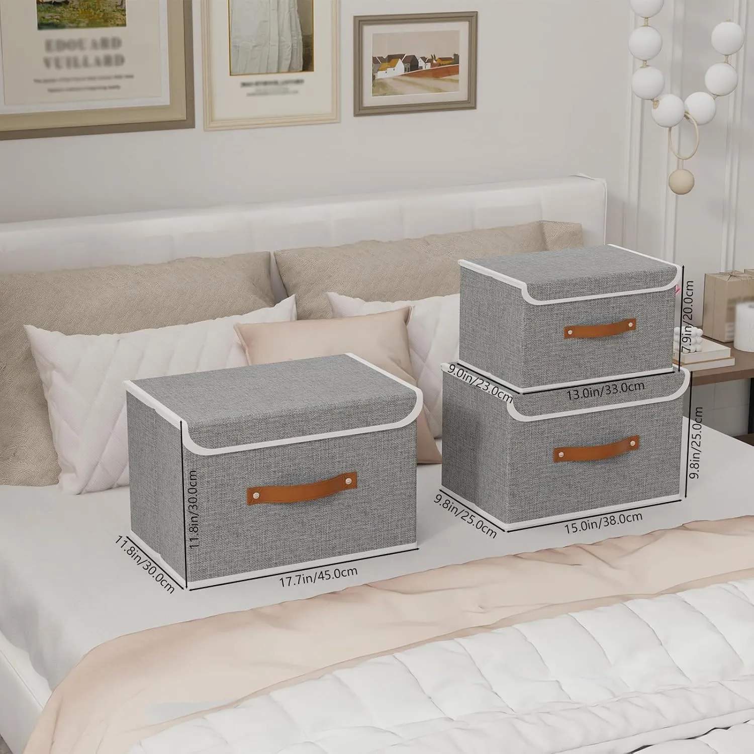 Yawinhe Collapsible Storage Bin, Cube Organizer Basket, Fabric Box with Lids, Washable and Leather Handle, for Home, Closet, Grey, 15.0''Lx9.8''Wx9.8''H, 7-Pack, USNK024GL-7