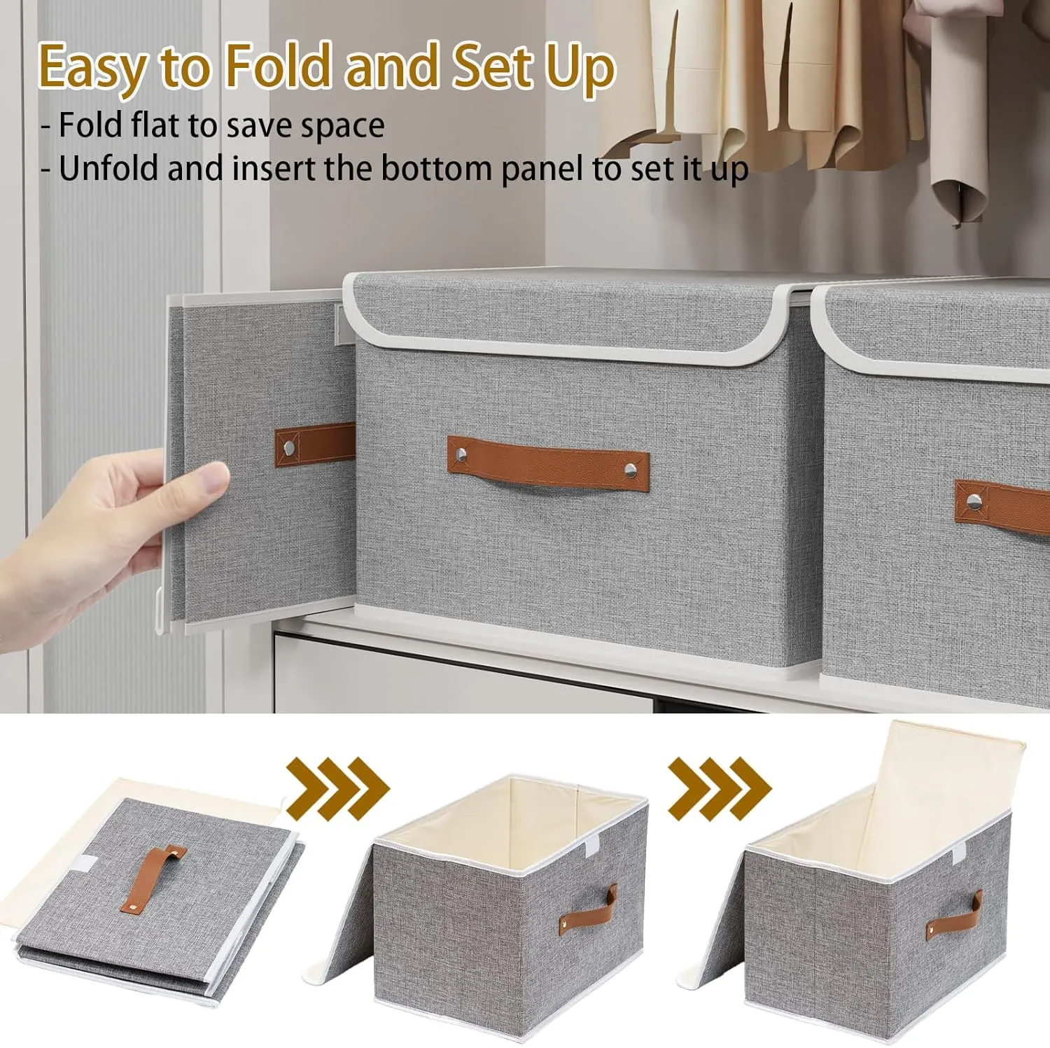 Yawinhe Collapsible Storage Bin, Cube Organizer Basket, Fabric Box with Lids, Washable and Leather Handle, for Home, Closet, Grey, 15.0''Lx9.8''Wx9.8''H, 7-Pack, USNK024GL-7